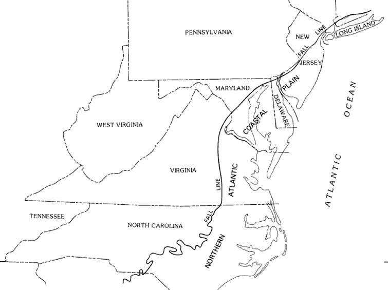 Image of a map showing the fall lie across North Carolina, Virginia, Matlyand, Delaware, and New Jersey