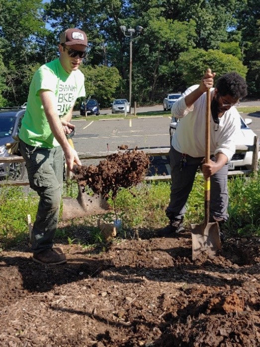 Photo of two volunteers digging with shovels